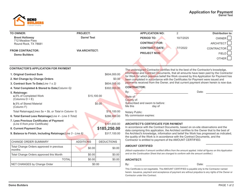 A subcontractor's AIA-style G702 cover sheet, the Application and Certificate for Payment submitted to the general contractor.