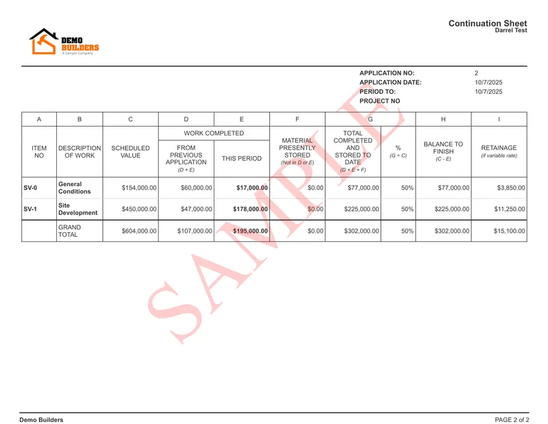 An AIA-style G703 continuation sheet showing each line item with its scheduled value and percent complete.