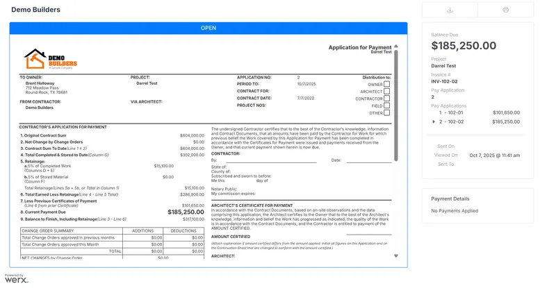 The clean, professional AIA-style pay application the GC receives through the Werx customer portal.