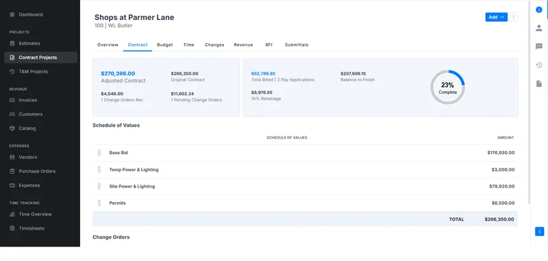 The Werx schedule of values and retainage screen, where line items, totals, and retainage tie together automatically.