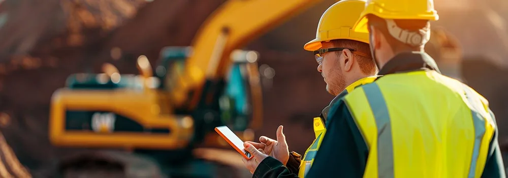 Two operators log equipment hours on a tablet in front of an excavator, capturing machine time the same day it runs