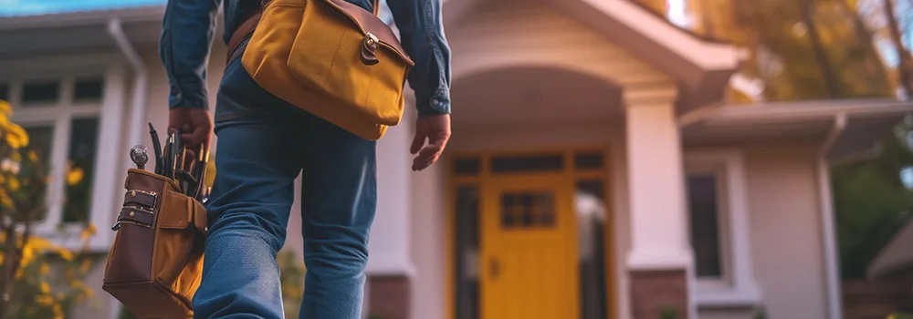 A contractor with tool bags walks up to a home's front door; the first day you furnish labor usually starts the preliminary notice clock
