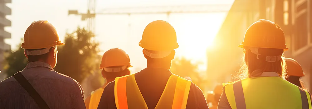 A field crew in hard hats starting the day on a construction site