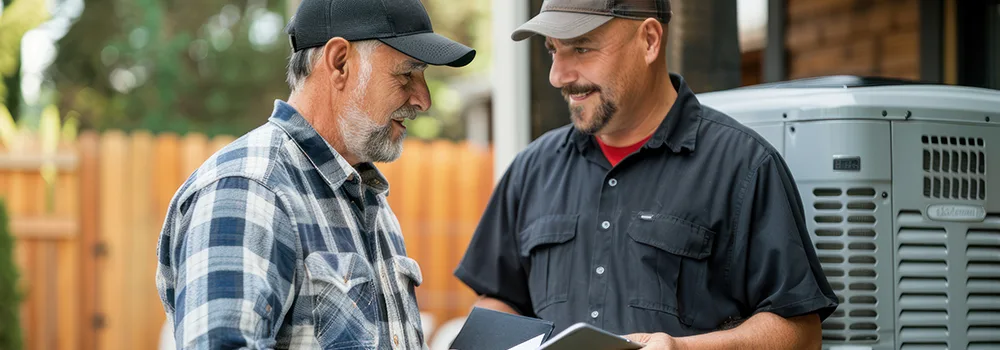 HVAC tech going over the bill with a homeowner after a service call