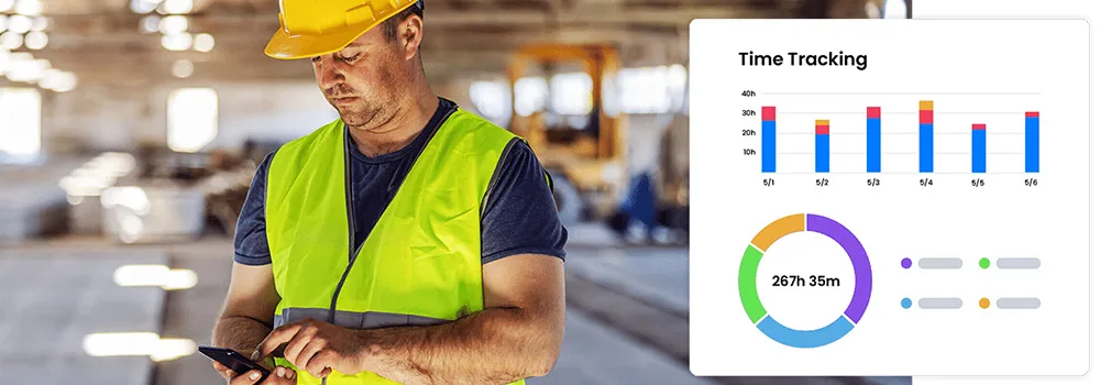 Construction worker logging job site hours on a phone with mobile time tracking