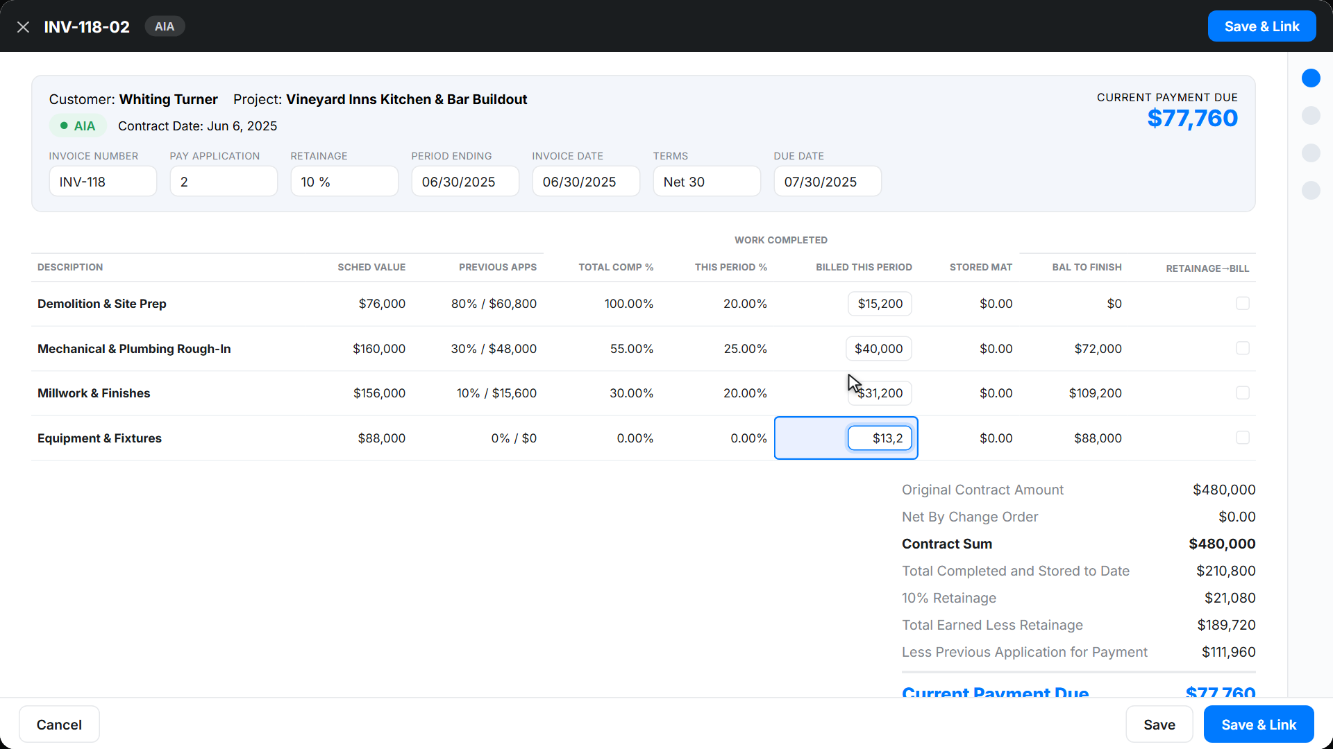 features aia billing retainage grid