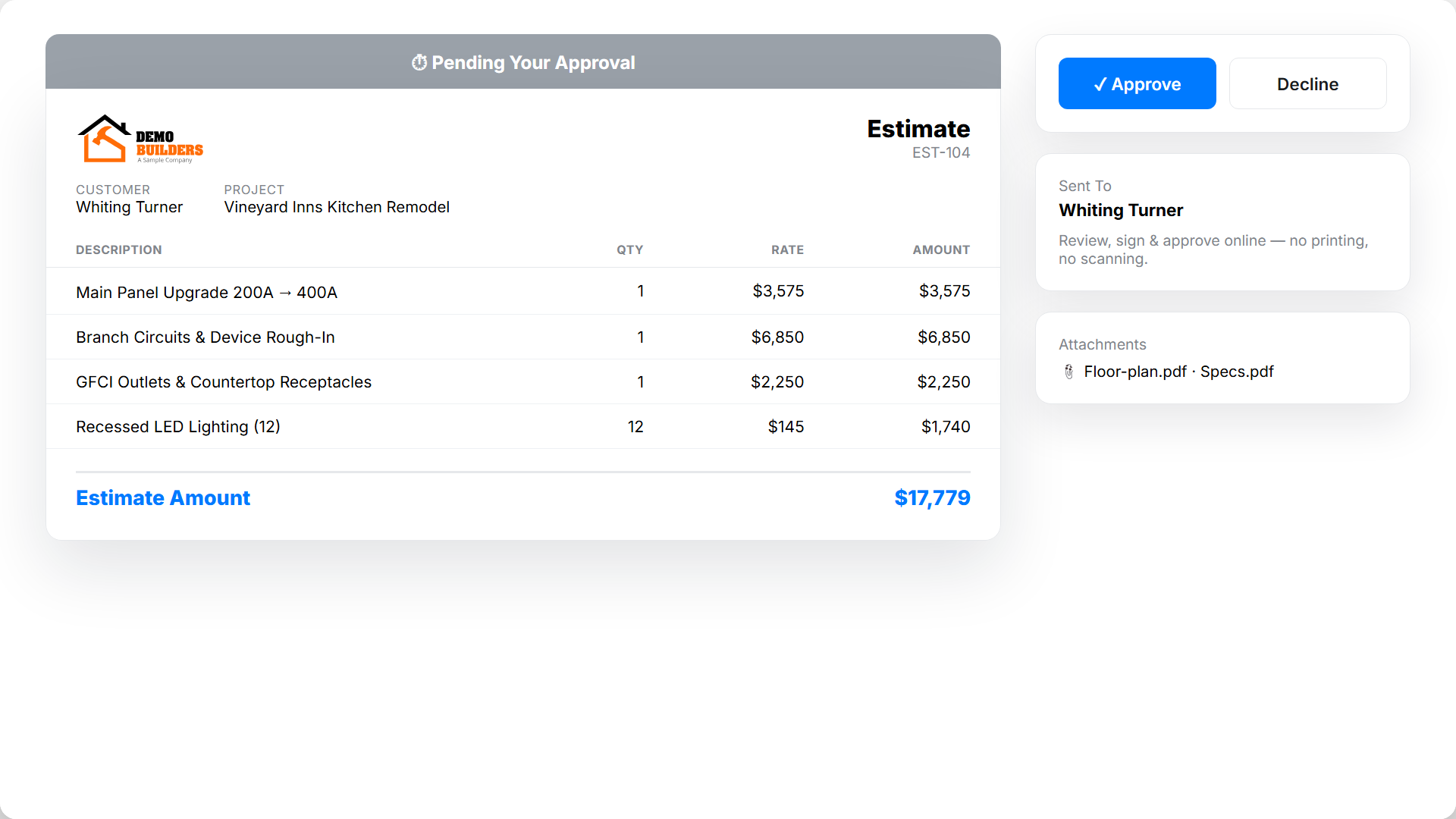 features estimates online approval