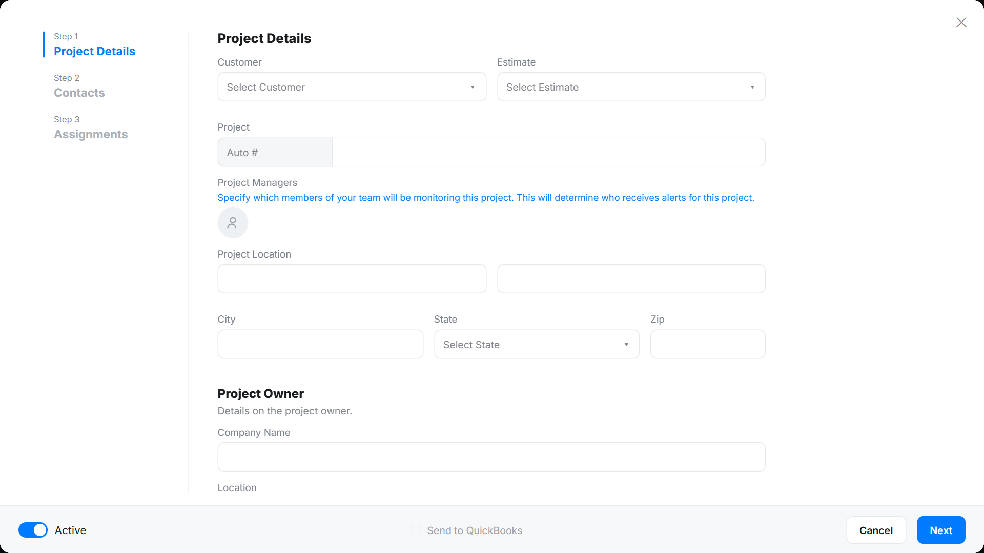 Project setup in Werx with customer, estimate, and project details