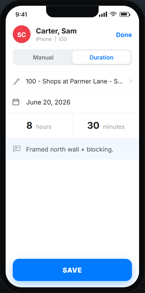 Duration time entry logged to a project in the Werx field app