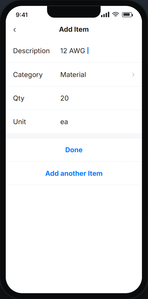 Adding materials to an extra work authorization from the field