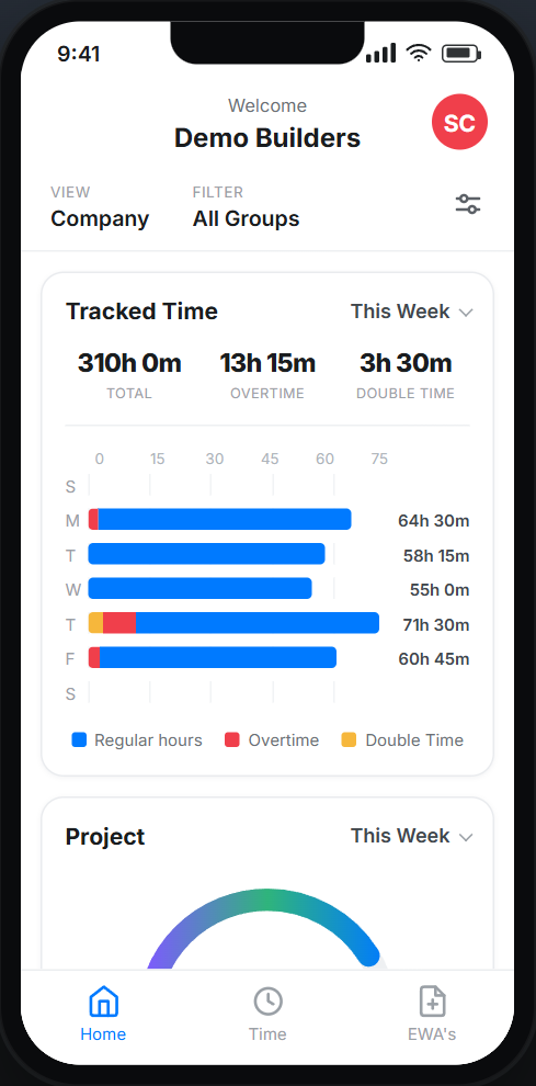 Werx field app home showing tracked time for the crew this week