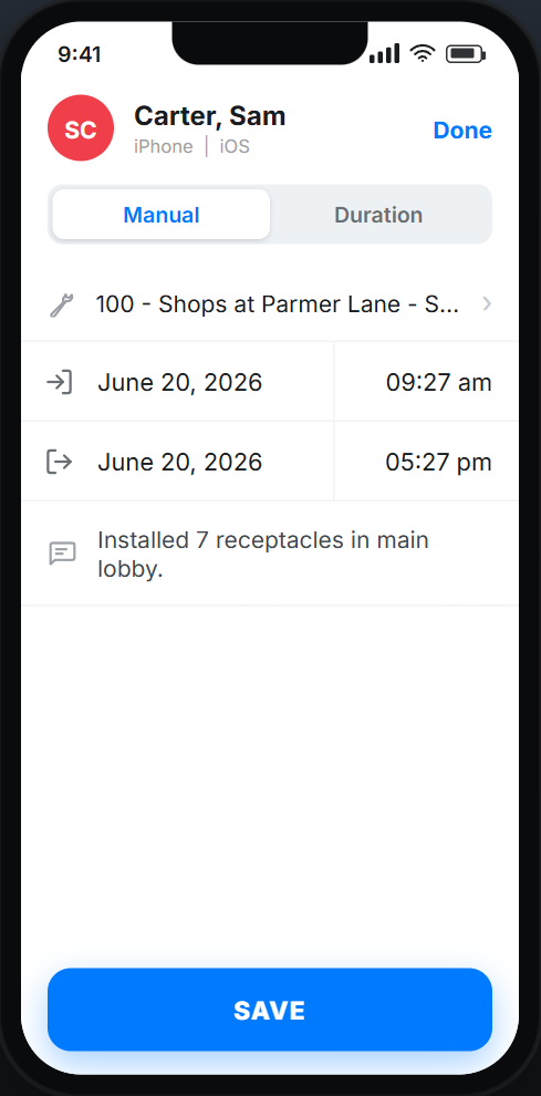 Mobile time entry in Werx with hours logged to the right job