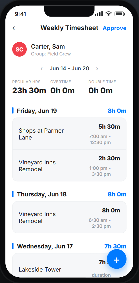 Weekly timesheet in the Werx field app, ready for approval and payroll
