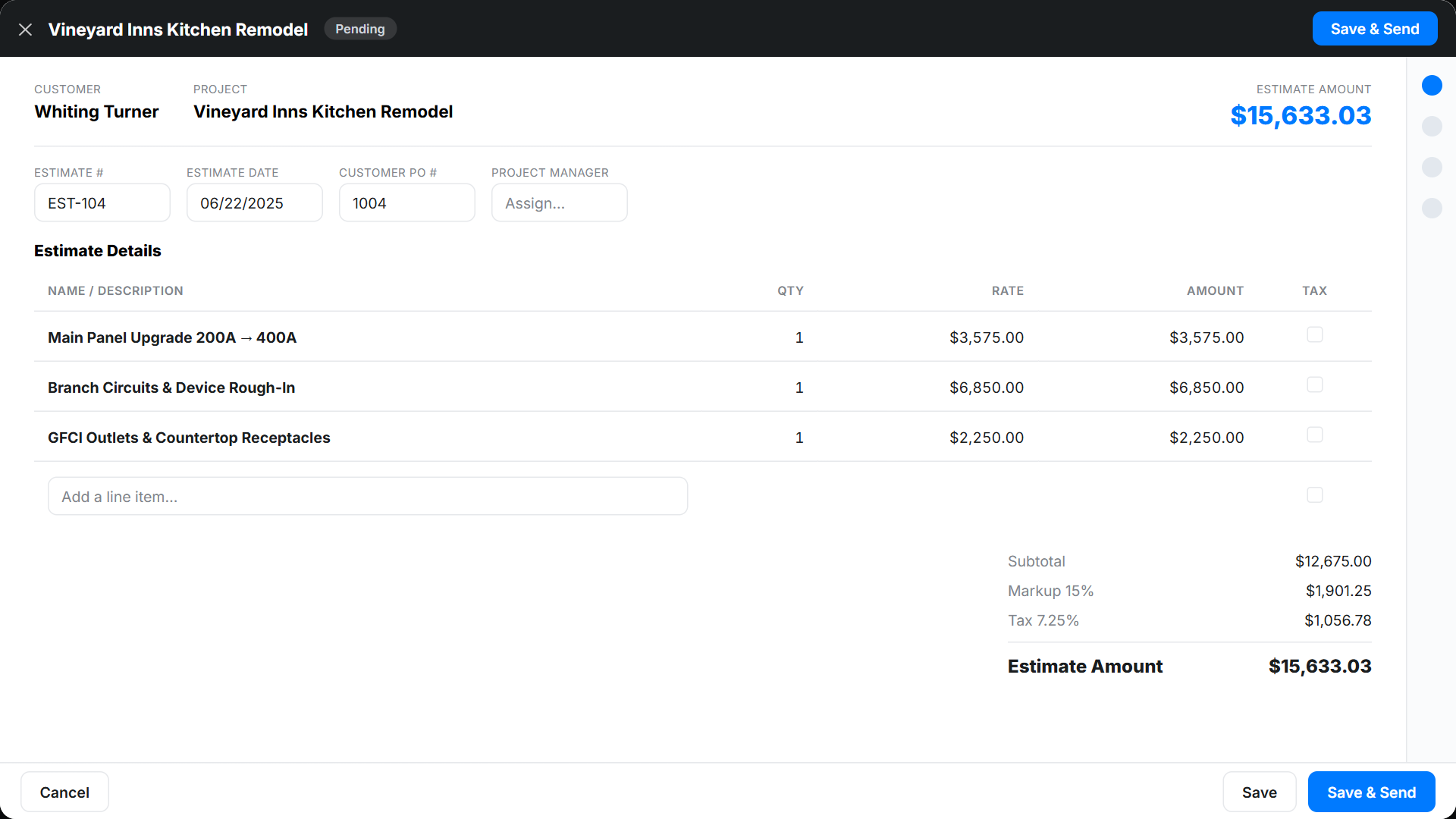 Itemized renovation estimate with line items, markup, and tax in Werx