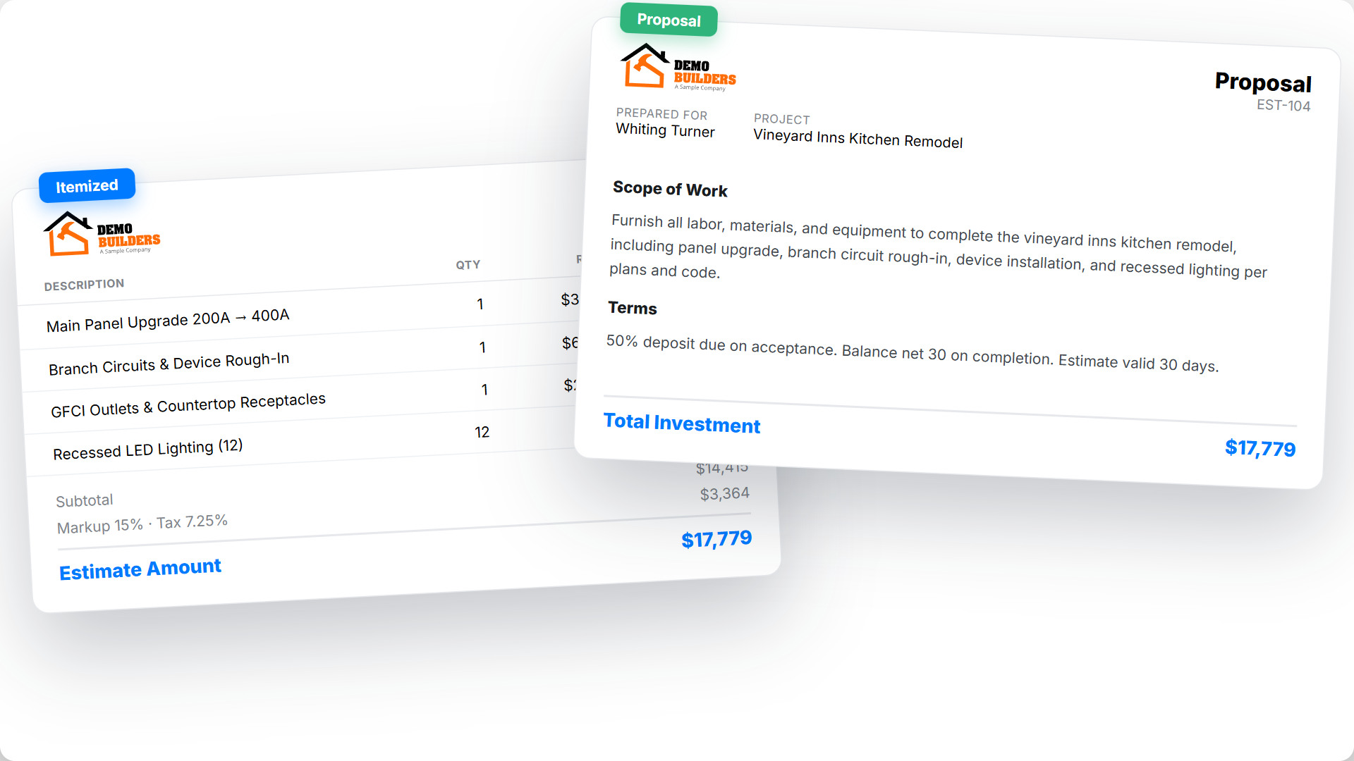 Remodeling estimating software showing itemized and proposal quote formats