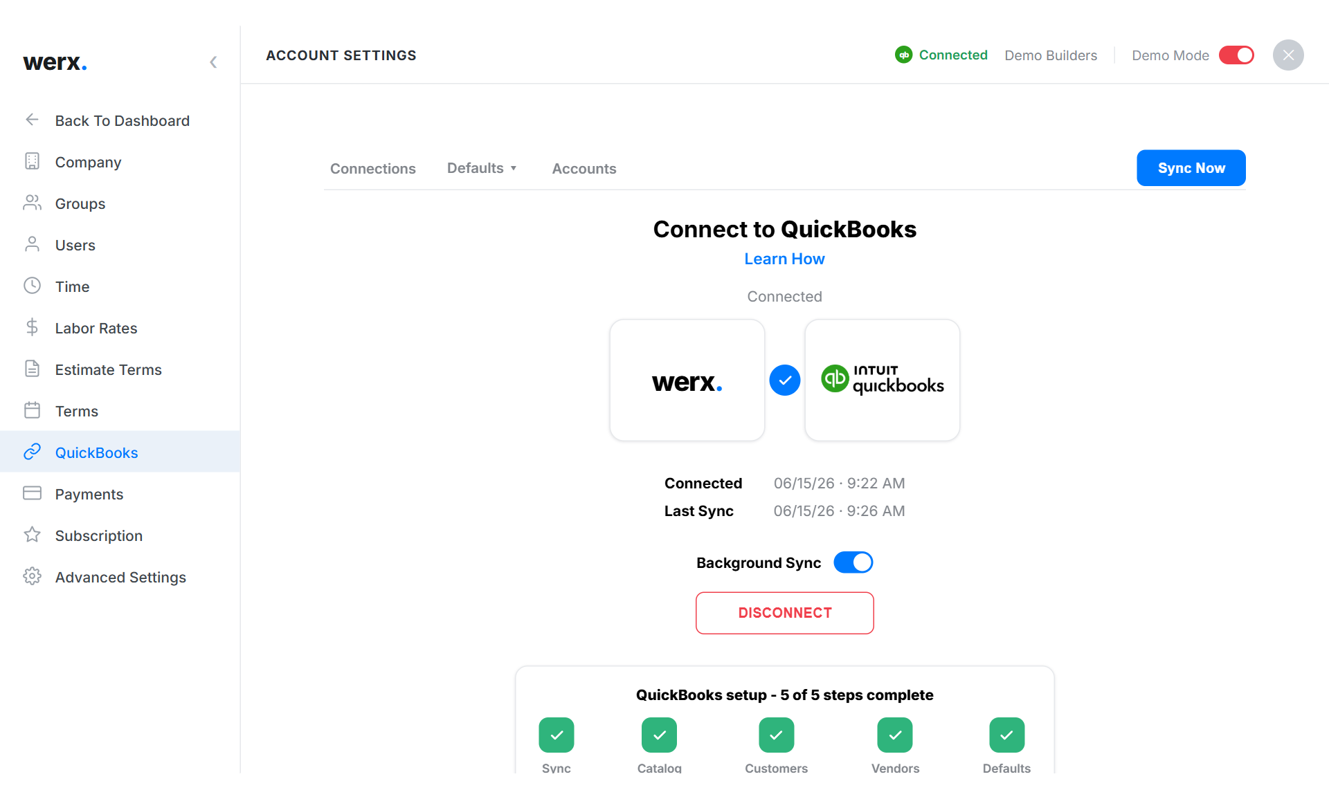 Werx connected to QuickBooks Online for contractor accounting