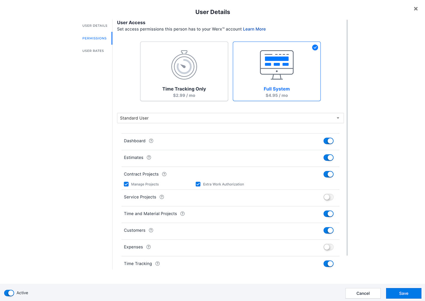User permissions toggles in the Werx user detail screen