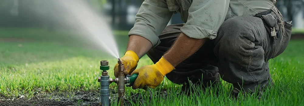An irrigation tech services a lawn sprinkler system, the kind of recurring local work a steady pipeline is built on